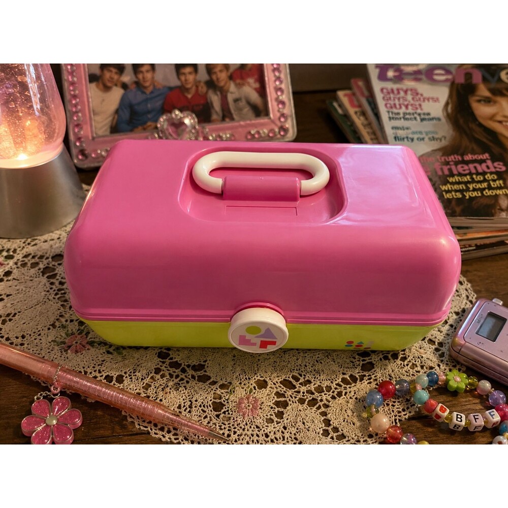 Vintage Caboodles Pink Lime Green Makeup Case Organizer Retro Y2K Cosmetic Box